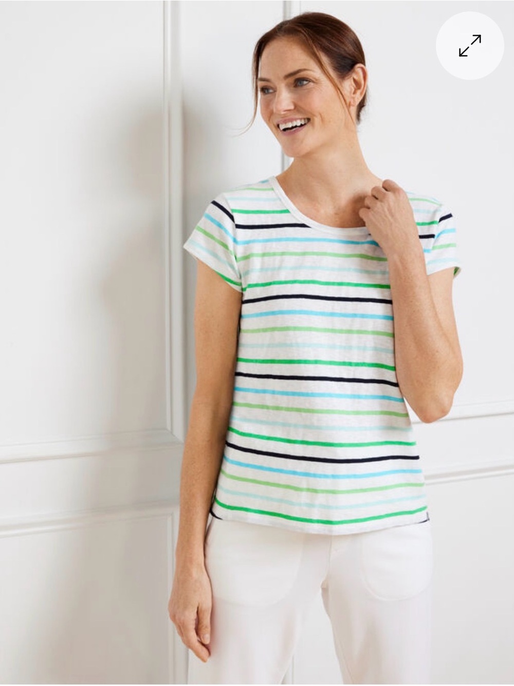 Talbots White Short-Sleeve Tee with Navy, Green and Light Blue Stripes